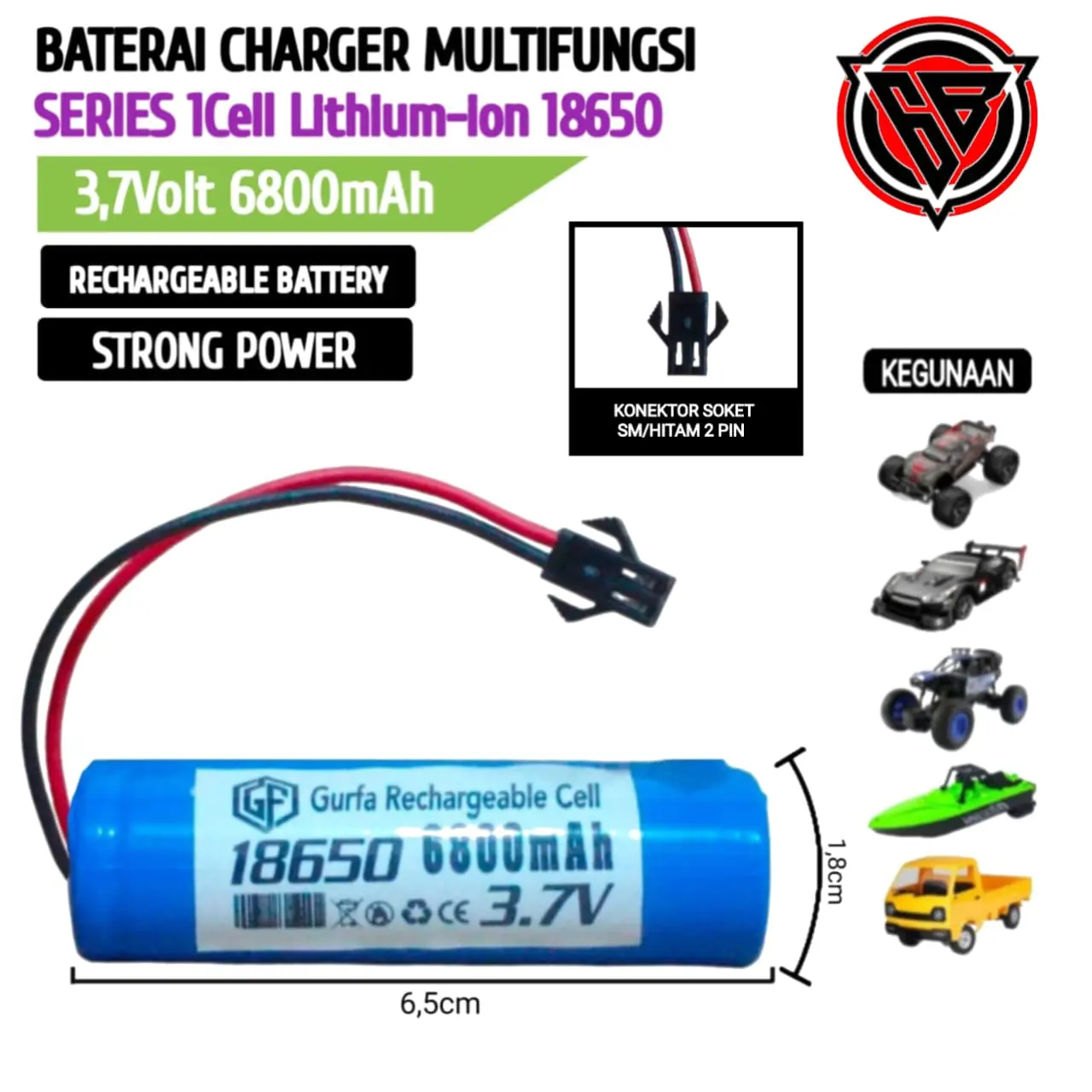 Baterai Mainan Anak / Baterai RC / Baterai Tipe Li-ion 1X 18650 6800mAh 3,7V SOKET HITAM 2 PIN