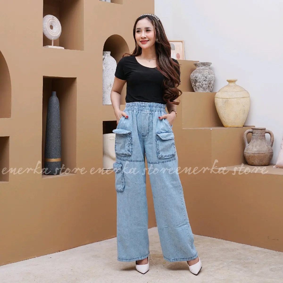 Kulot Cargo Jeans saku 3 celana cargo pinggang karet