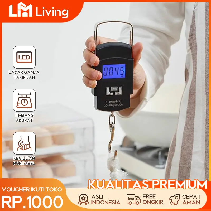 L.M Living – Timbangan Gantung Digital 50kg Kotak Hook – Portable Scale Saku untuk Koper & Buah – Gratis 2 Baterai | Akurat & Praktis