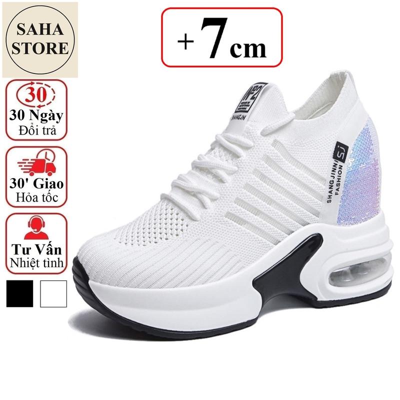  Sneaker nữ độn đế 7cm SAHA261 giày thể thao tăng chiều cao 6cm chất vải trắng đen thoáng khí sport sneakers thun 