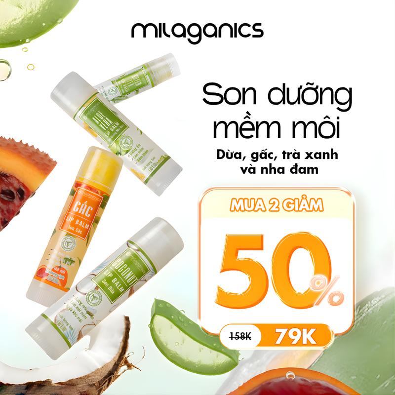   MUA 2 GIẢM 50%  Son Dưỡng Mềm Môi Hồng Hào Mờ Thâm MILAGANICS Thiên Nhiên Sáp Dầu Vitamin E Dừa Gấc Trà Xanh Nha Đam Ẩm Mịn Không Khô Nứt Dưỡng Môi Mềm Tự Nhiên Lành Tính 