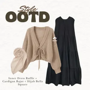 OOTD Style 3in1 (Cardigan Rajut Inner Dress Ruffle Hijab Bella Square) One Set Hijab wanita Style Kekinian SO2A42