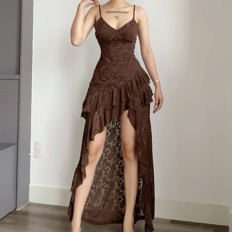 Đầm body ren hoa 2 dây nữ xẻ tà tua rua đuôi tôm  sang trọng Lolystore dress women