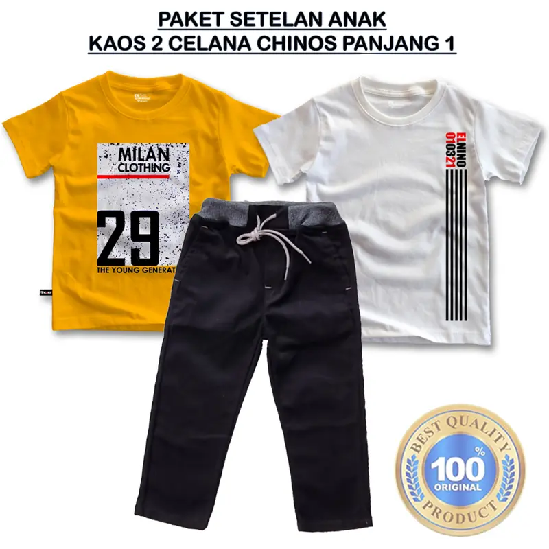 Paket setelan anak laki laki 2 kaos 1 celana Chino panjang usia 3,5-14 tahun bahan premium Kids 3