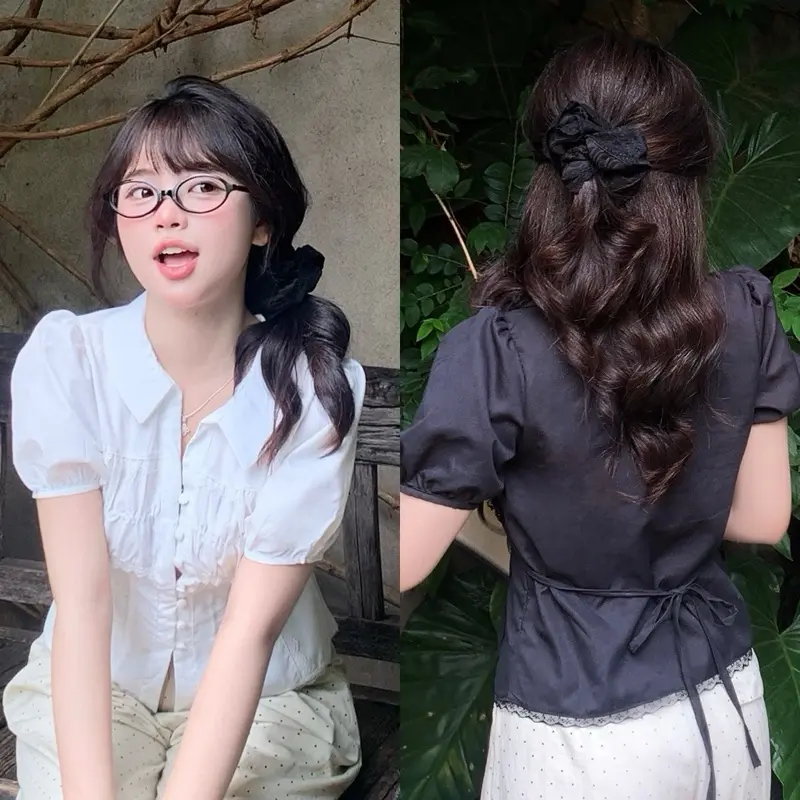 áo sơ mi có cổ , phối ren hàng thiết kế : trắng , đen
