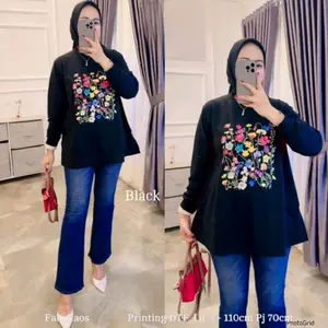 [parveen id] Syifa Top Kaos Lengan Panjang Wanita Motif Bunga Printing DTF | Atasan Casual Jumbo Muslimah
