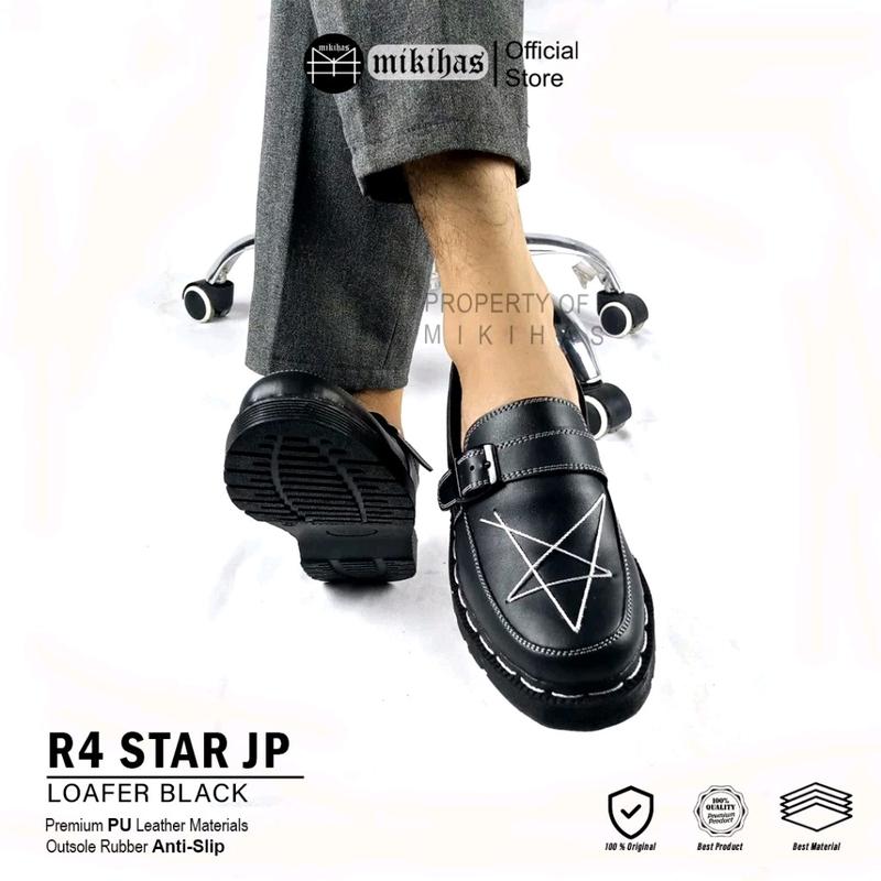 Mikihas R4 - Sepatu Loafers Pria Slip-On Dockmart Bintang Kulit Hitam Sol Karet Flat Shoes Sneakers Kasual penny loafers loafers  style outfit 3