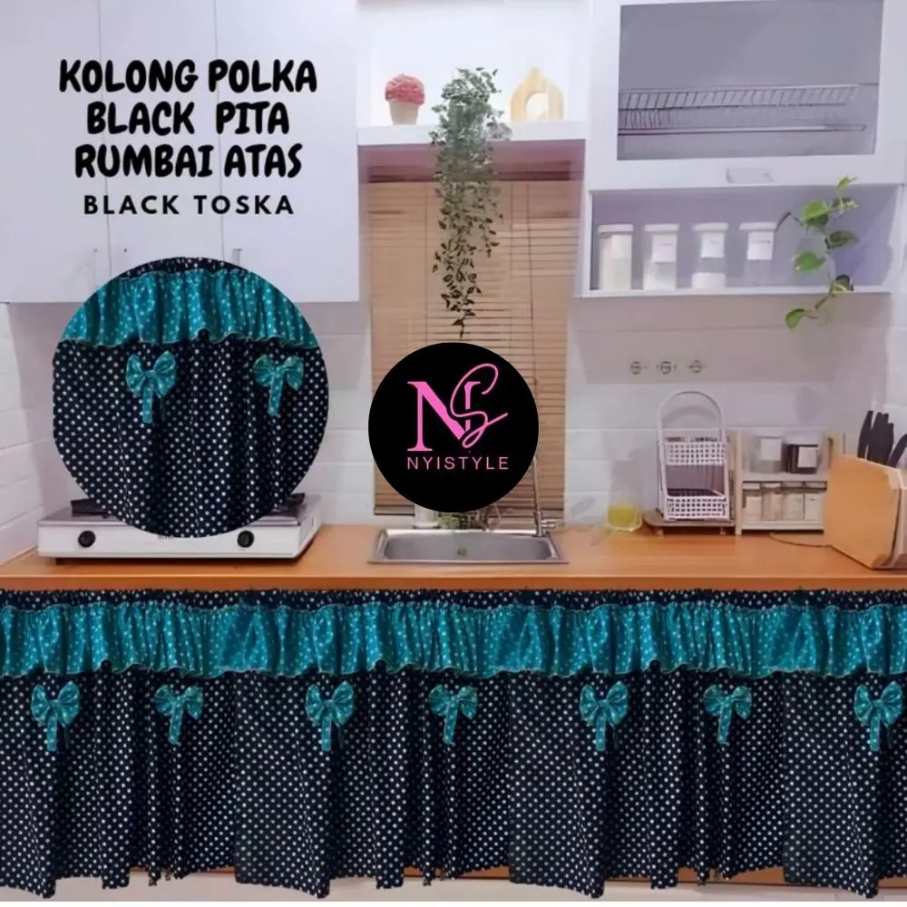 Gorden Kolong Dapur/ Gorden Kolong Dapur Polkadot Black/Hitam Katun Rumbai Atas Jendela.