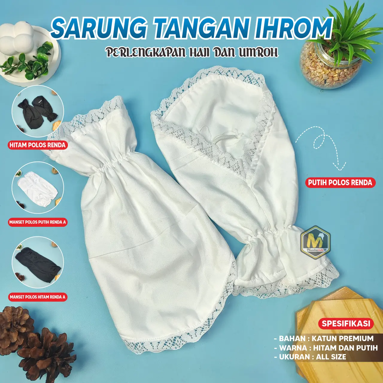 Sarung Tangan Ihrom Wanita Bahan Katun Premium Polos Renda & Manset Fleksibel untuk Sholat Haji Umroh Hitam Putih Ukuran All Size - MUMTAZINDO