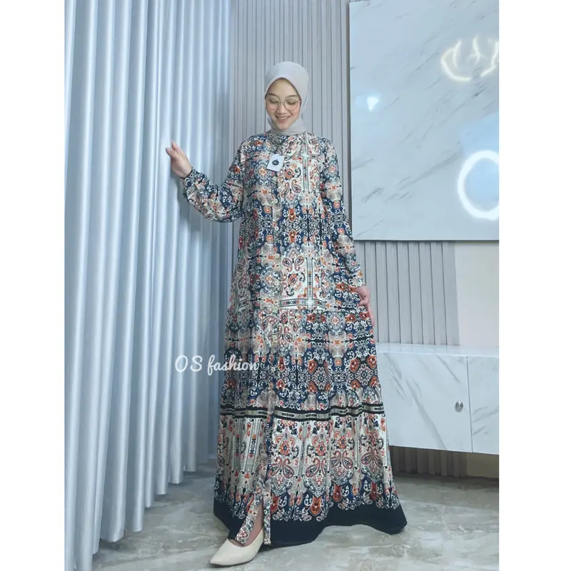 Nabila Dres Wanita Panjang Rayon Cantik Kancing Premium Gamis Rayon Motif Bunga dan Abstrak Terlaris  By Os 4