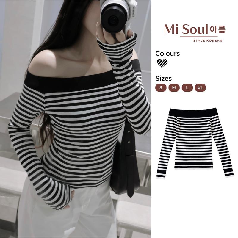  Áo Trễ Vai Kẻ Ngang Dáng Ôm Dài Tay Siêu Xinh 500 MiSoul Áo Thun Lệch Vai Kẻ Ngang Tay Dài Phối Viền Cổ 