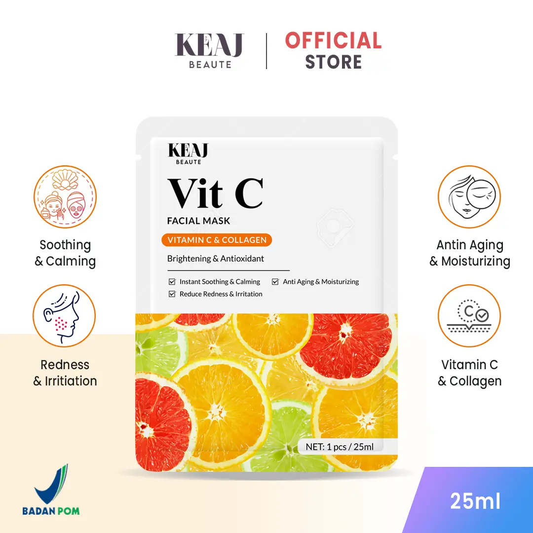 KEAJ VIT C FACIAL SHEET MASK WITH VITAMIN C & COLLAGEN BRIGHTENING ANTIOXIDANT