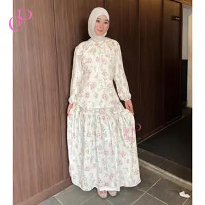 CLASICPUTRI One Set Rok Panjang Wanita Motif Bunga / Setelan Muslimah Floral / Atasan Lengan Panjang Rib & Skirt - Premium Flowers Set