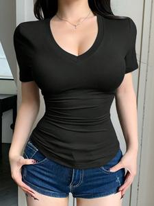 Playera de cuello en V sólido para mujer, camiseta casual de manga corta para verano, ropa de uso diario para damas, top