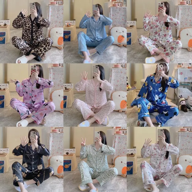 (READY) Piyama Satin Premium Kancing Elegant Lengan Panjang Celana Panjang Premium Baju Tidur Baju Tidur Wanita Perempuan Setelan Tidur Pendek 0