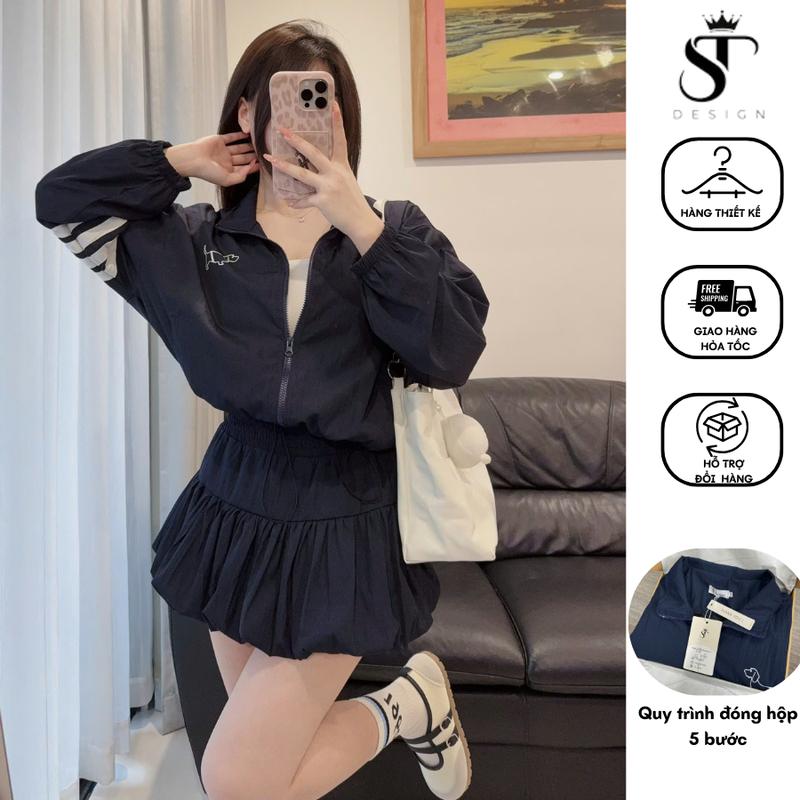  Set áo khoác gió QC thể thao sang chảnh 2 lớp phối sọc tay + chân váy bí phồng hàng thiết kế - ST Design - N05- Hàng order QC loại 1 