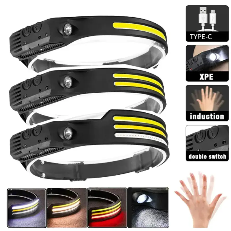 Multi-functional Portable Sensor COB LED Headlamp Built-in Battery USB Rechargeable Waterproof Headlight Outdoor Camping Lantern