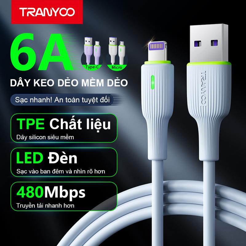 TRANYOO Dây Cáp Sạc Nhanh TRANYOO T-X22 6A Dài 1M Màu Pastel Cho iPhone android Tích Hợp Đèn LED Chất Liệu Silicon Siêu Mềm Chống Bụi Và Bền Không Thắt Nút Sạc Điện Thoại không bảo hành có caps a c sieu ben