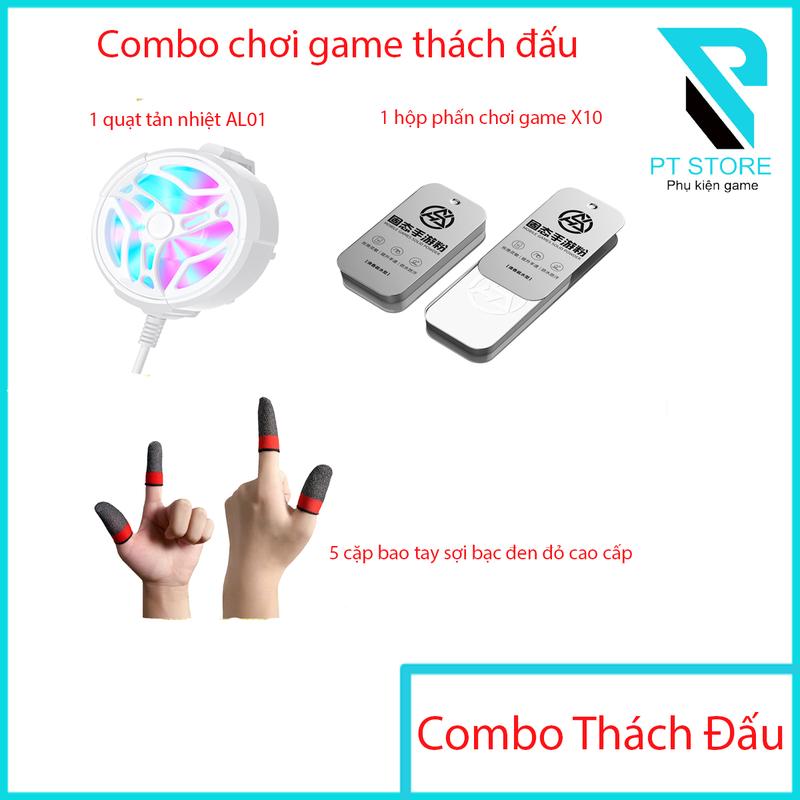  Combo chơi game Thách Đấu gồm: 1 Quạt tản nhiệt AL01 - 1 hộp phấn chơi game cao cấp X10 - 5 cặp bao tay chơi game sợi bạc đen đỏ cao cấp siêu nhạy. 