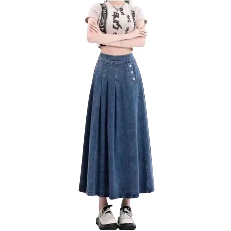 Inara Long Skirt Rok Jeans Korean Look Button Skirt Panjang  Standar Jumbo Kancing Samping 4