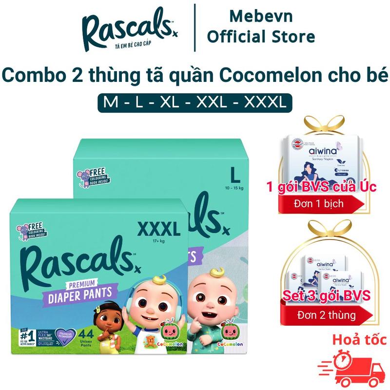 Combo 2 bỉm quần cho bé Rascal + Friends Cocomelon New Zealand dòng giới hạn bỉm quần tốt cho bé đủ Size từ 50-72 miếng - Voi