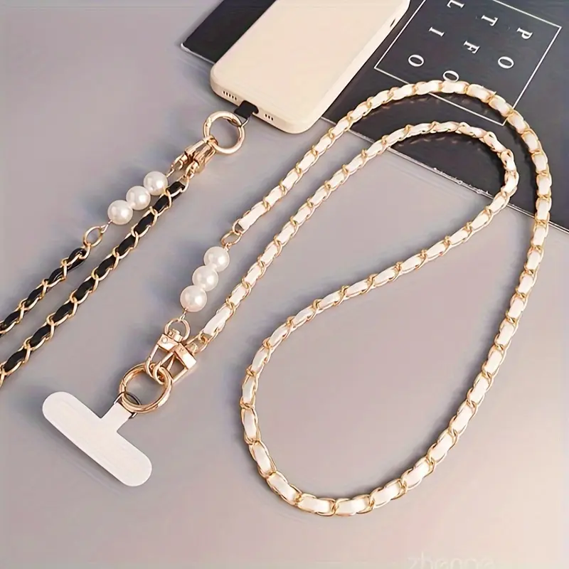 Tali Gantungan Handphone Tali Lanyard Selempang Hp Gantungan Hape Rantai Kulit Premium Hias Mutiara Mewah Can Logam tik Banyak Warna Tali Selempang yang Dapat Disesuaikan untuk Wanita - Tali Selempang Panjang Universal Rantai Penjemput Mutiara Ponsel
