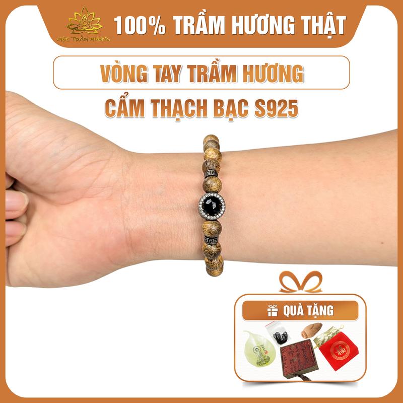   MTH  Vòng Tay Trầm Hương Hạt Tròn Đơn Mix Charm Bạc S925 Cẩm Thạch Mộc Trầm Hương - Vòng Trầm Tốc Việt Đủ Size Nam Nữ Phụ Kiện Hộp Gấm Túi Gấm Lá Bồ Đề Nụ Trầm Dây Xâu - Đeo Tay 