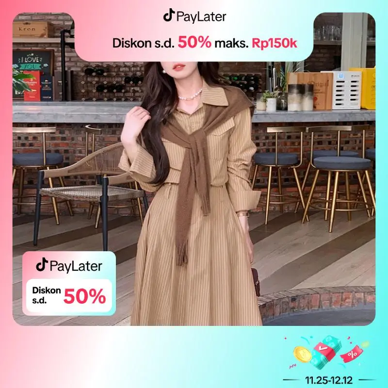 FADFAD Korean style women's casual fashion slim waist long-sleeved long striped dress 0
