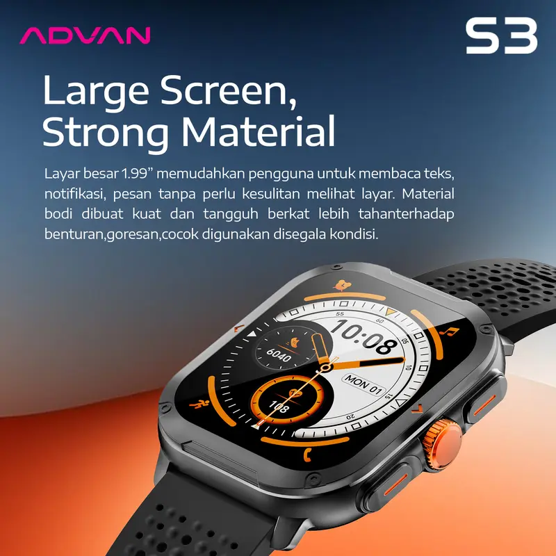 ADVAN Smartwatch S3 1.99" inch up to 15 Days IP68 Waterproof 300mAh AI Assistant Bluetooth 5.3 2