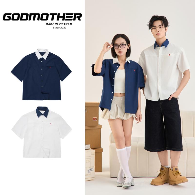 Áo Sơ Mi Cộc Tay Boxy GODMOTHER Sơ Mi Phối Xanh Navi Trắng Cổ Bẻ Form Boxy Phong Cách Thời Thượng