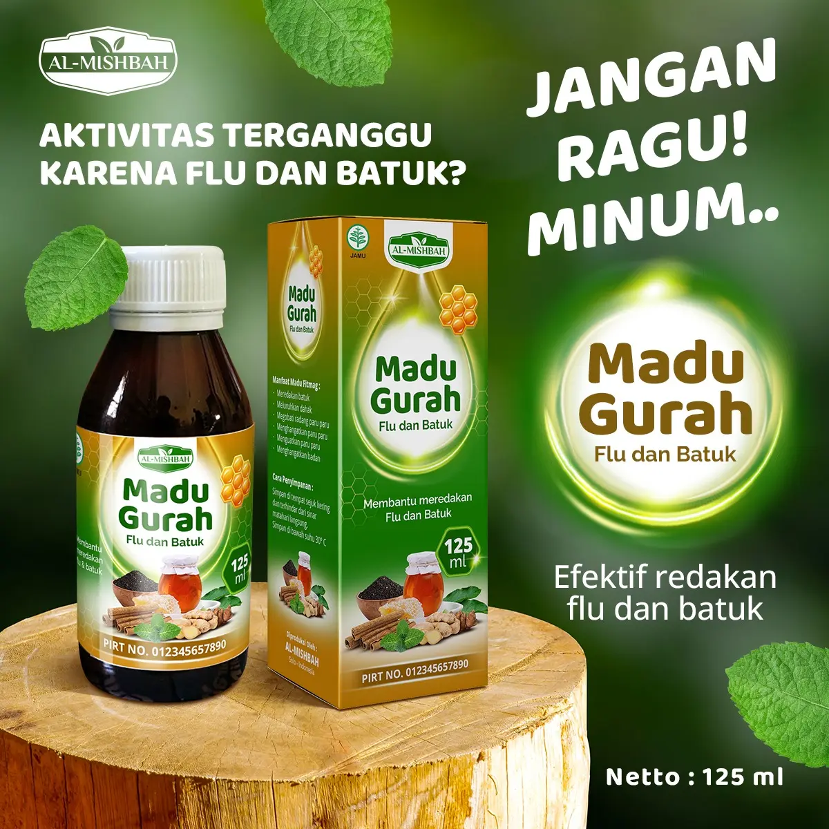 Madu Gurah Flu dan Batuk Al Mishbah Plus Daun Saga 125 ml Honey Syrup