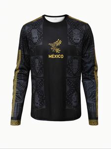 Camiseta de fútbol de manga larga para hombre mexicano, top deportivo cómodo estilo azteca, estampado maya, ideal para partidos y uso casual
