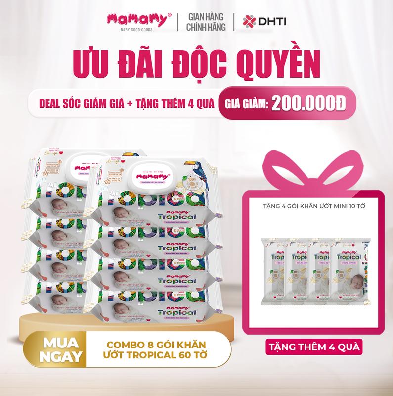 [XQ][DEAL SỐC GIẢM GIÁ + TẶNG THÊM 4 GÓI KHĂN ƯỚT MINI 10 TỜ] MUA 8 gói khăn ướt Mamamy Tropical 60 tờ không mùi TẶNG 4 gói khăn ướt mini Mamamy Tropical