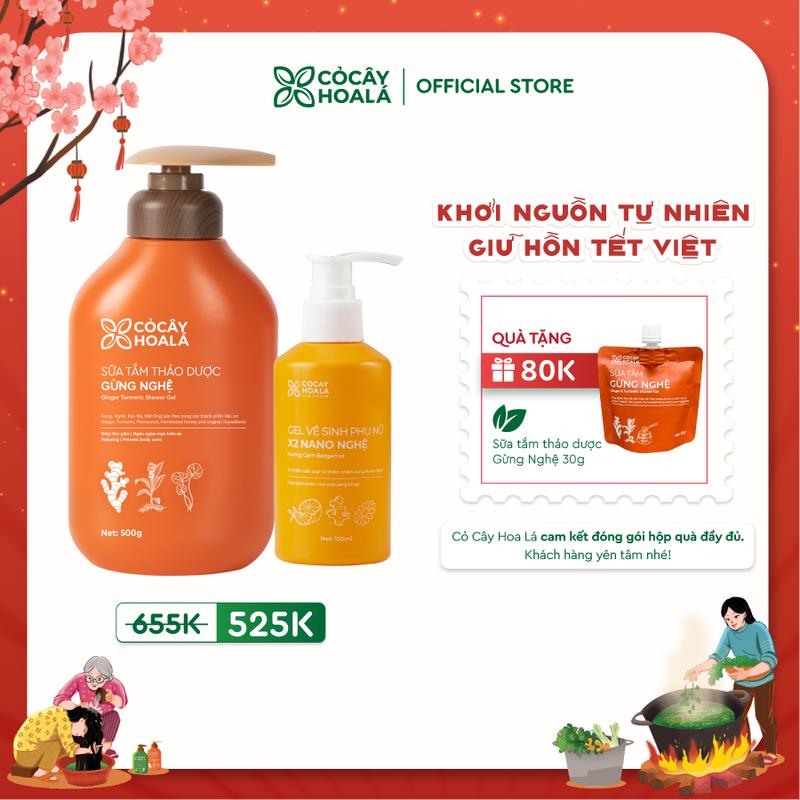   COMBO DỊU NHẸ BÊN MẸ  Sữa Tắm Gừng Nghệ 500g & Dung Dịch Vệ Sinh X2 Nano Nghệ 150ml Cỏ Cây Hoa Lá - Làm sạch hỗ trợ cải thiện mụn trên da hỗ trợ ngăn ngừa vi khuẩn 