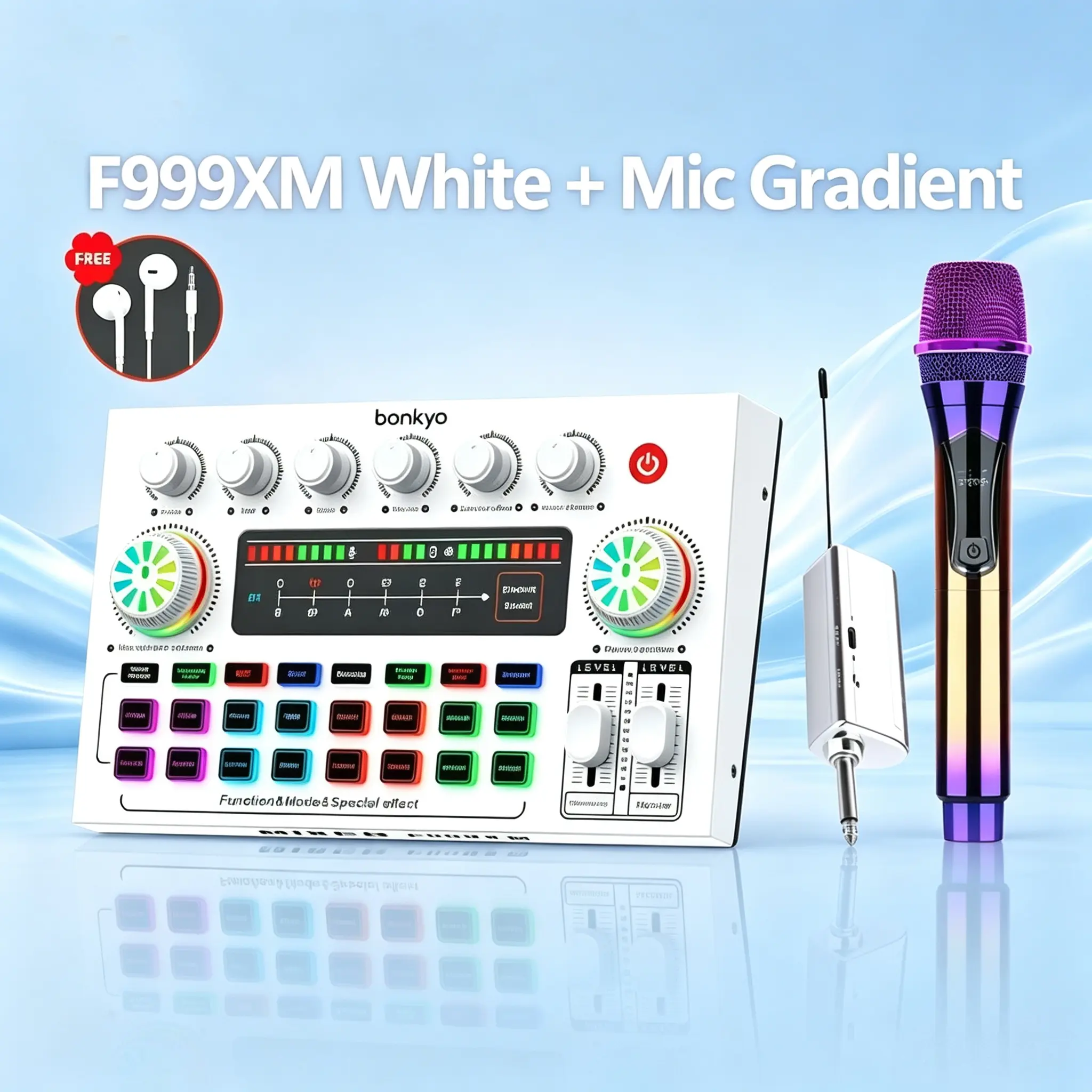 Bonkyo Soundcard F999XM Metal + Mic Wireless Paket Lengkap Live Karaoke Anti Bising Koneksi Bluetooth Stabil Efek Suara Beragam Lampu LED Baterai 1800mAh Tahan Lama Port 3.5mm 6.5mm Type-C Kontrol Treble Mid Bass Suara Jernih Mikrofon Logam Audio untuk