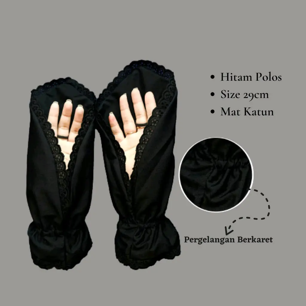 Sarung Tangan Haji Umroh Muslimah Sarung Tangan Sholat Handsock Renda Hitam Wanita Panjang