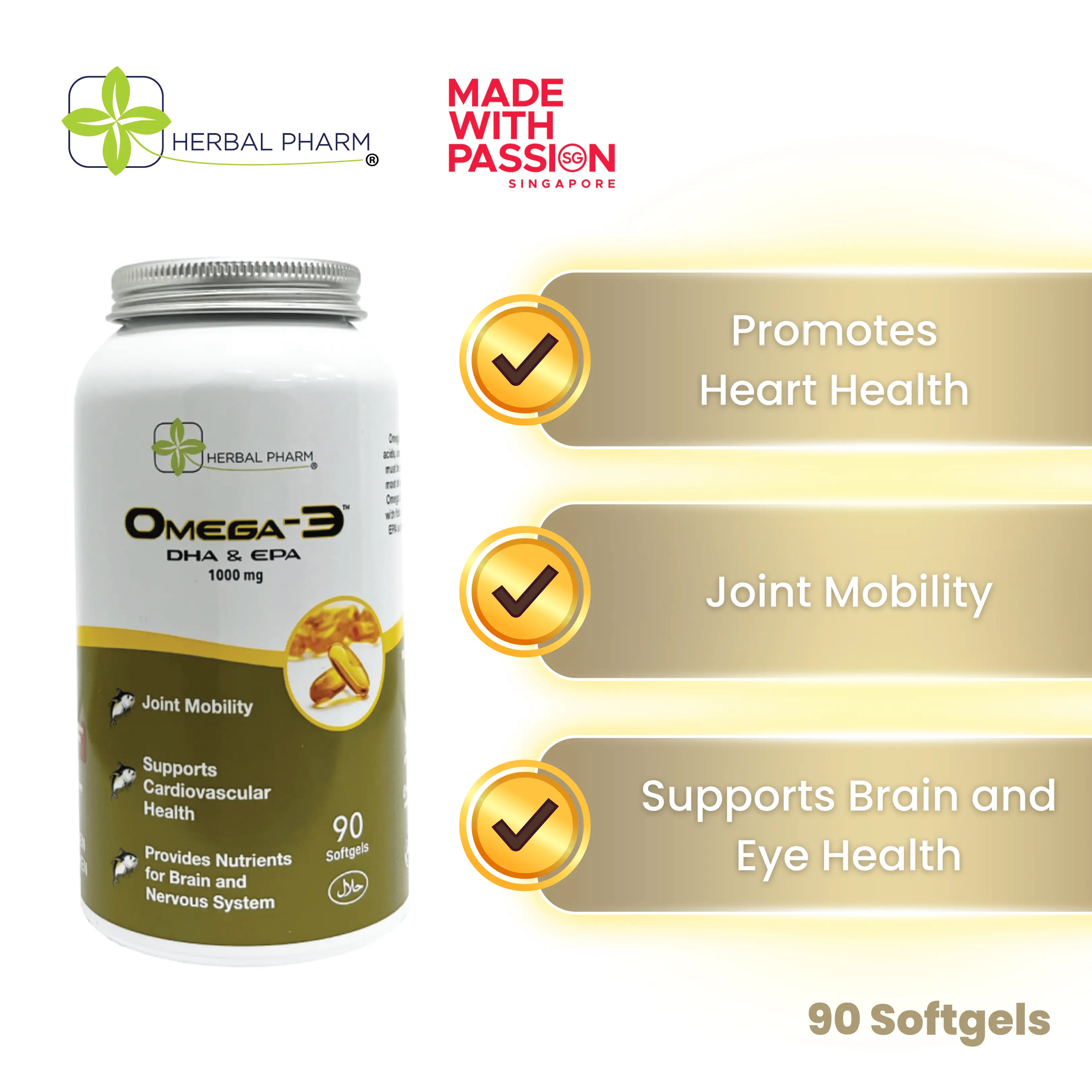 Herbal Pharm Omega 3 DHA & EPA 90 Soft Gels Health and Wellness Cognitive Enhancement