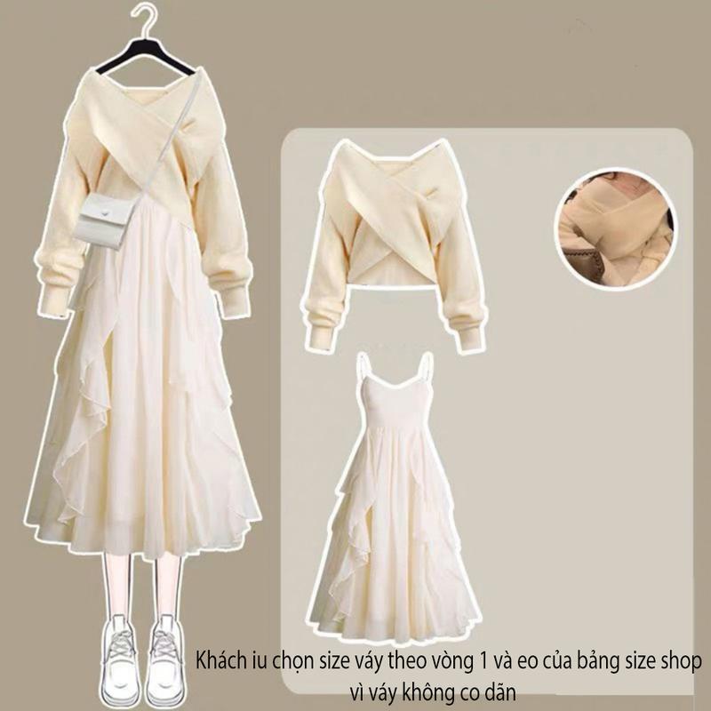 Set áo váy nữ SunStore áo len vạt chéo chất len dày mềm mịn phối váy maxi hai dây voan lụa nhiều lớp bồng bềnh có size lớn Top Women Dài Tay Kem - Đỏ Đô set botieuthu