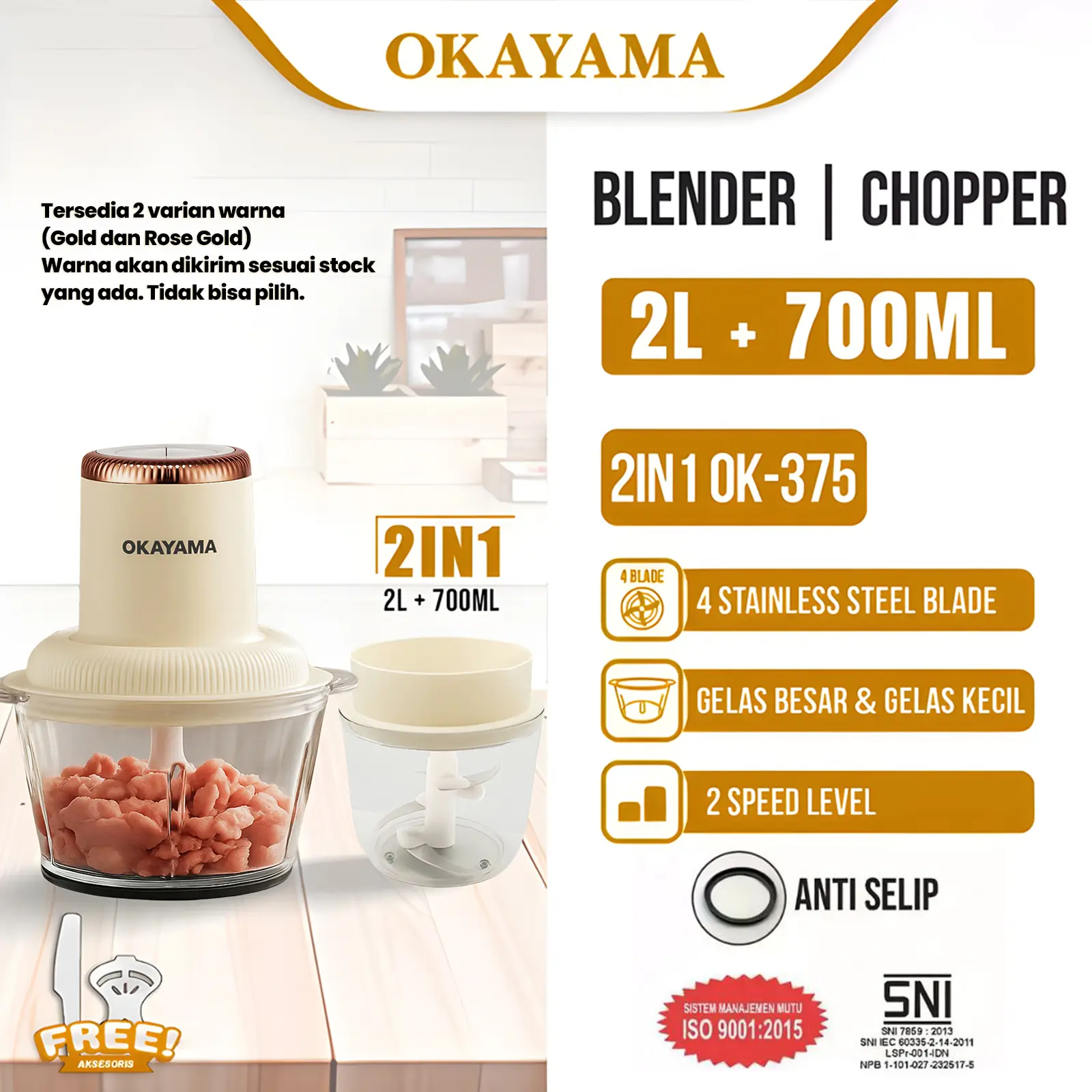 OKAYAMA OK-375 Food Chopper 2in1 Kaca 2L 700ML Food Processor 300W Multifungsi Penggiling Daging 2 Speed [2]