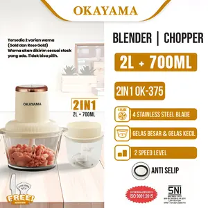 [Pre-Order] OKAYAMA OK-375 Food Chopper 2in1 Kaca 2L 700ML Food Processor 300W Multifungsi Penggiling Daging 2 Speed [2]