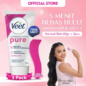 [PAKET ISI 3] Veet Normal Pure Formula Rose Extract & Aloe Vera 60gr Hair Removal Cream - Krim Penghilang Bulu Ketiak, Kaki dan Tangan Lembabkan Kulit Anti Iritasi Krim Perontok Bulu Efektif Hilangkan Bulu