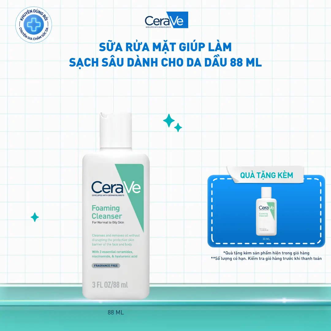 [DEAL HOT] Sữa rửa mặt giúp làm sạch sâu dành cho da dầu Cerave Foaming Facial Cleanser 88ml, tạo bọt làm sạch sâu dịu nhẹ và cung cấp độ ẩm cho da. Chăm sóc da_Sữa rửa mặt_Skincare cho Nam và Nữ_Cleansing | BigBuy360 - bigbuy360.vn