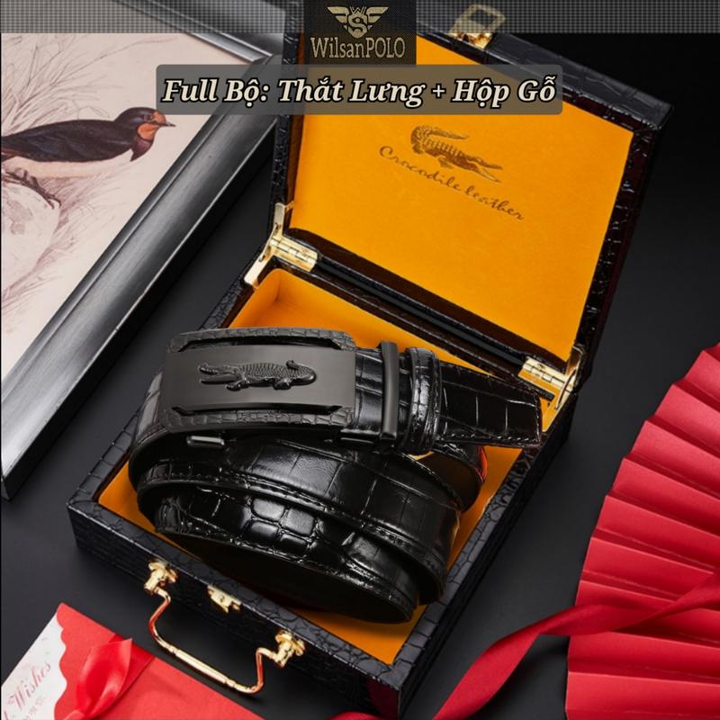 Thắt Lưng Nam full hộp gỗ sang trọng WS066, Dây lưng nam dập vân cá sấu bản rộng 3.5cm khóa tự động chất liệu hợp kim, Dây nịt nam phong cách Lịch Lãm