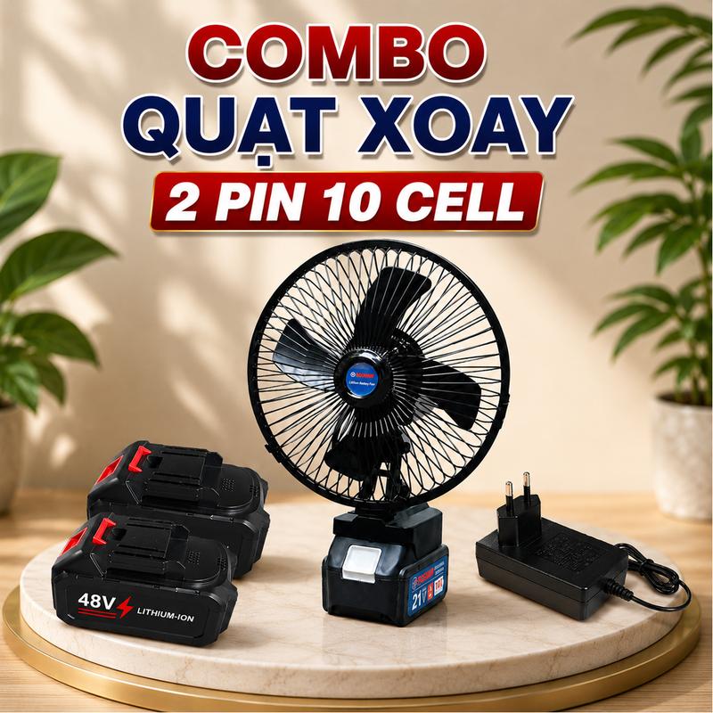 [ COMBO Quạt Xoay + 2 Pin 10 Cell  Kèm Sạc ] Quạt Tích Điện 2 Mức Gió, Kích Thước 8 Inch, 2  Pin 10 Cell Có Túp Năng Xoay Đảo Chiều