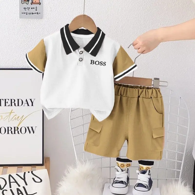 Setelan Kaos Krah Anak Lengan Pendek Motif Mewah Kekinian untuk Fashion Anak Laki-Laki