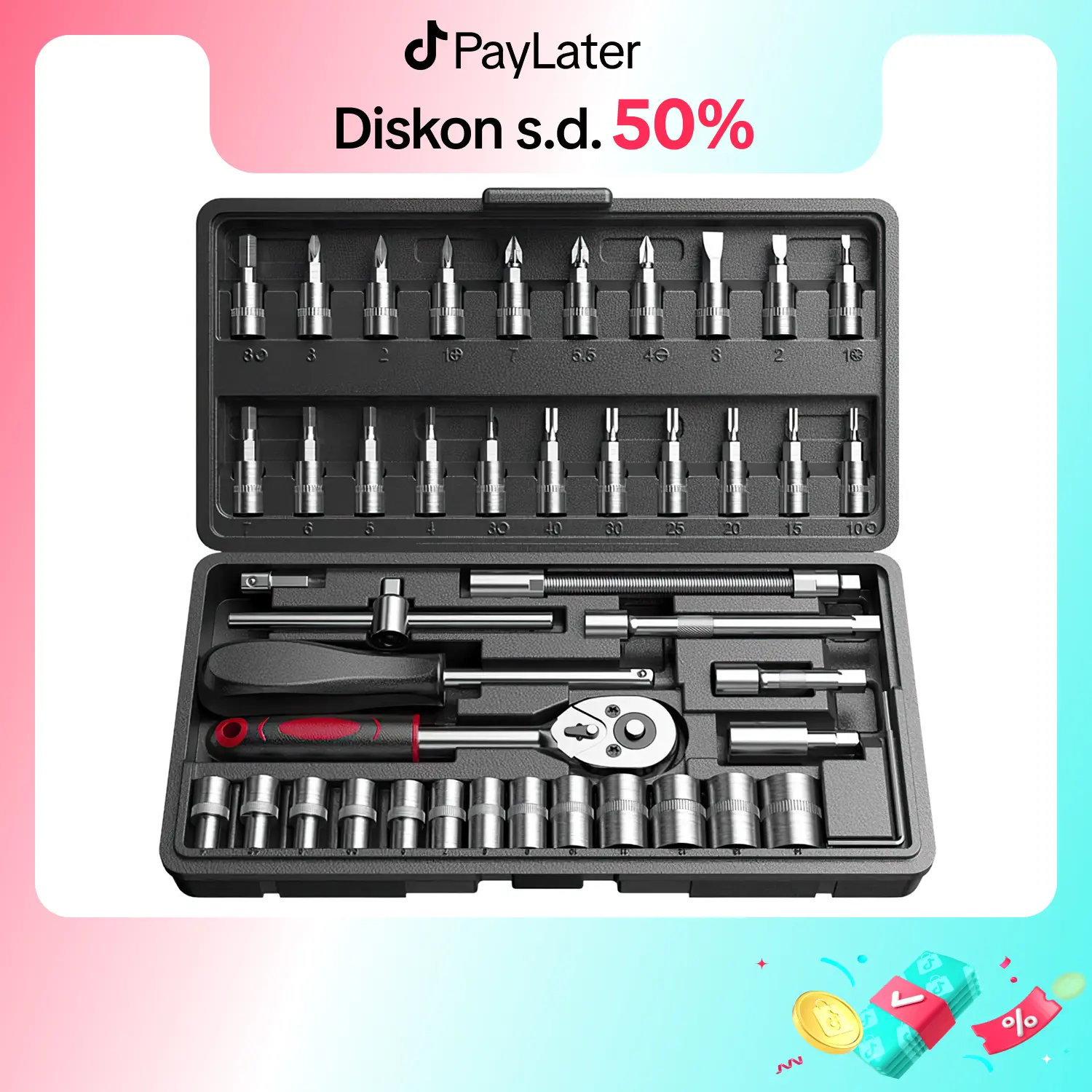 ALLEFIX Kunci Socket Set Lengkap Wrench 46pcs Obeng Mata Socket Kombinasi Tool Box Multifungsi - 10028