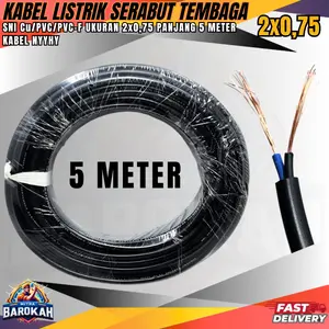 KABEL LISTRIK SERABUT TEMBAGA MURNI UKURAN 2X0,75MM NYM TERSEDIA 5METER/10METER/15METER/20METER/25METER SUDAH SNI SERABUT TEBAL KUAT KUALITAS TERBAIK WARNA HITAM