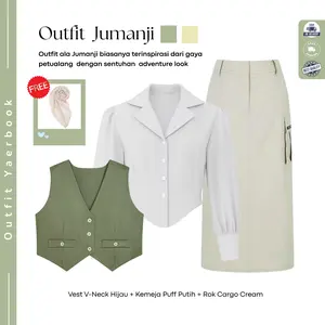 Ootd Yearbook Jumanji Wanita (Atasan Blouse Puff  + Atasan Vest Army + Bawahan Rok Cargo Cream ) Outfit Yearbook Remaja Kekinian - FO04 Baju Nyaman