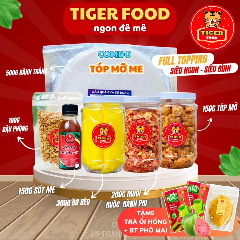 Bánh tráng phơi sương tóp mỡ TIGER FOOD Bánh tráng + Bơ béo + Muối tôm hành phi + Tóp Mỡ + Sốt Me Chua Ngọt+ Đậu phộng Siêu Ngon - Tặng trà ổi hồng + bánh tráng phô mai mè
