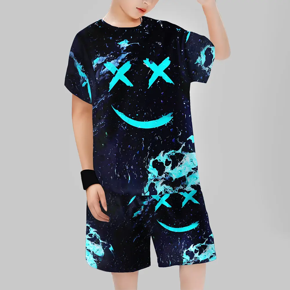 Set Baju-T Kanak-kanak, Rekaan Wajah Senyuman Joker XO, Berkualiti Tinggi, Untuk Lelaki, Gaya Graffiti, Sesuai untuk Pesta Kasual, dengan Mata Iblis, Idea Hadiah